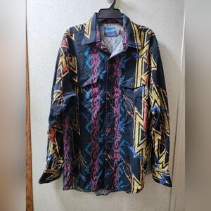 Vintage Wrangler Western Shirt Aztec XL ButtonDown Pearl Snap Brush Popper Clean